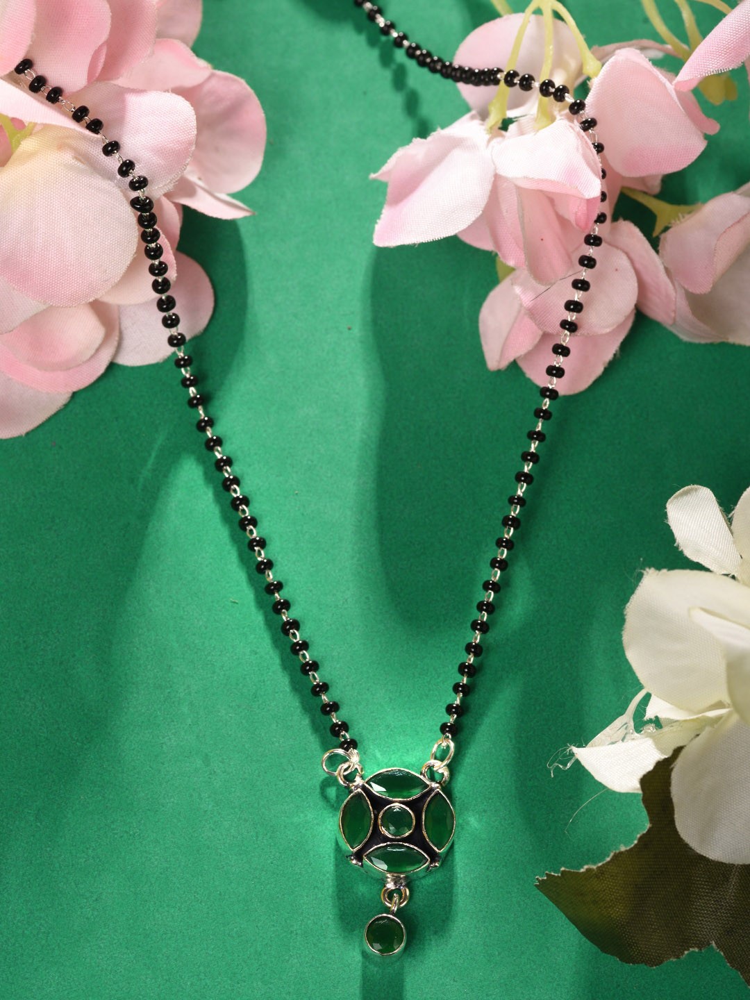 

Saraf RS Jewellery Green Silver Plated AD Studded Minimal Mangalsutra