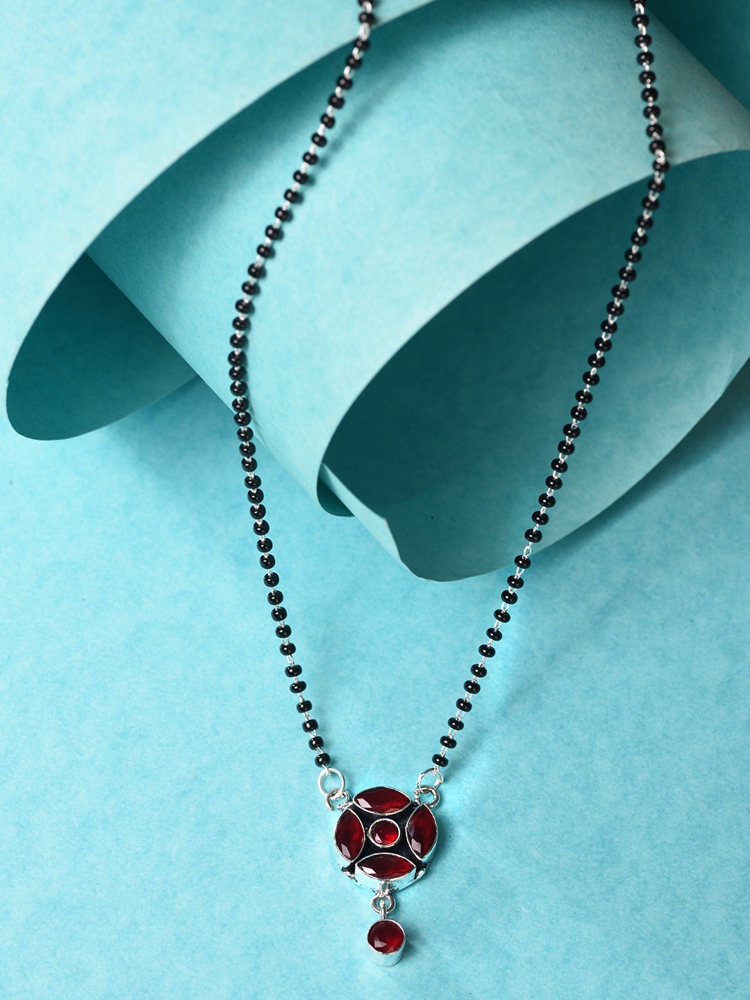 

Saraf RS Jewellery Red Silver Plated AD Studded Minimal Mangalsutra