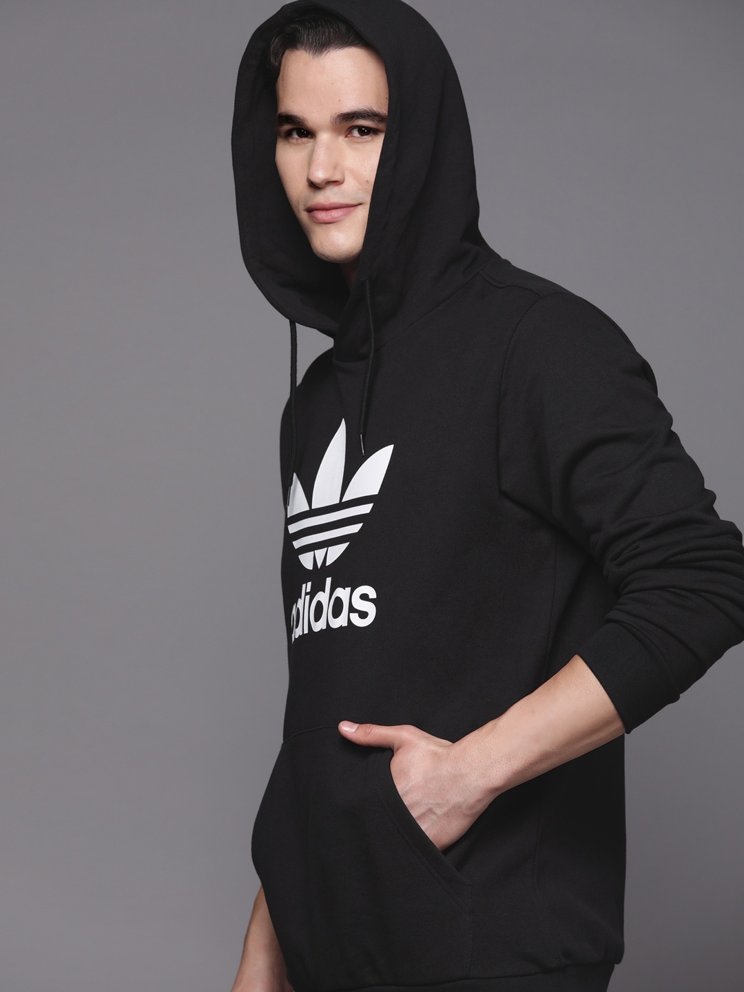 

ADIDAS Originals Brand Logo Printed TREFOIL Hooded Pure Cotton Sweatshirt, Black