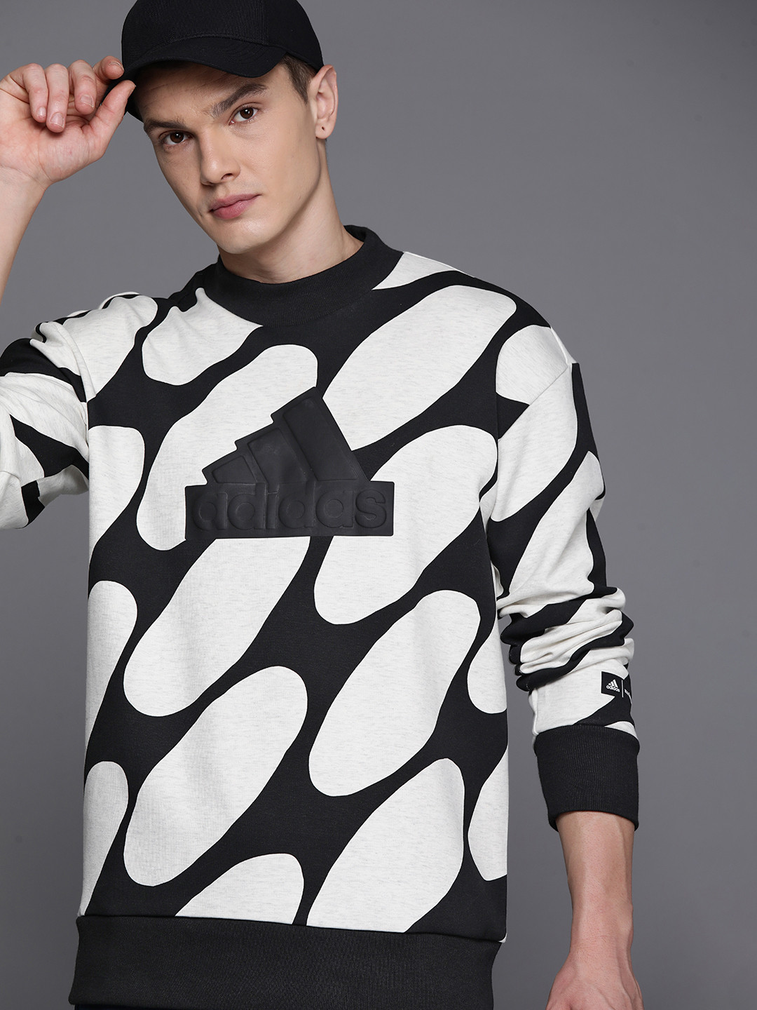 

ADIDAS x Marimekko Men Abstract Brand Logo Printed Crew Neck Sweatshirt, White