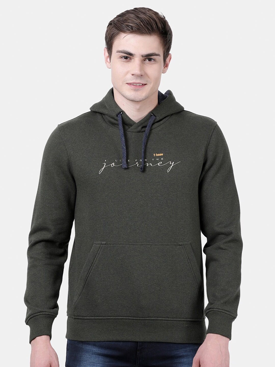 

t-base Men Green Hooded Fleece Sweatshirt