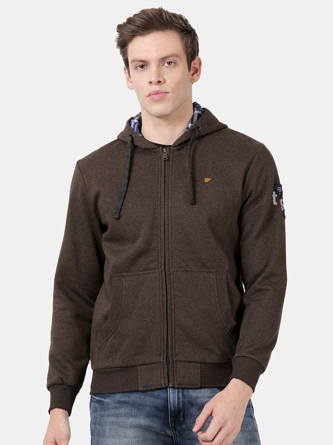 

t-base Men Brown Solid Hooded Sweatshirt