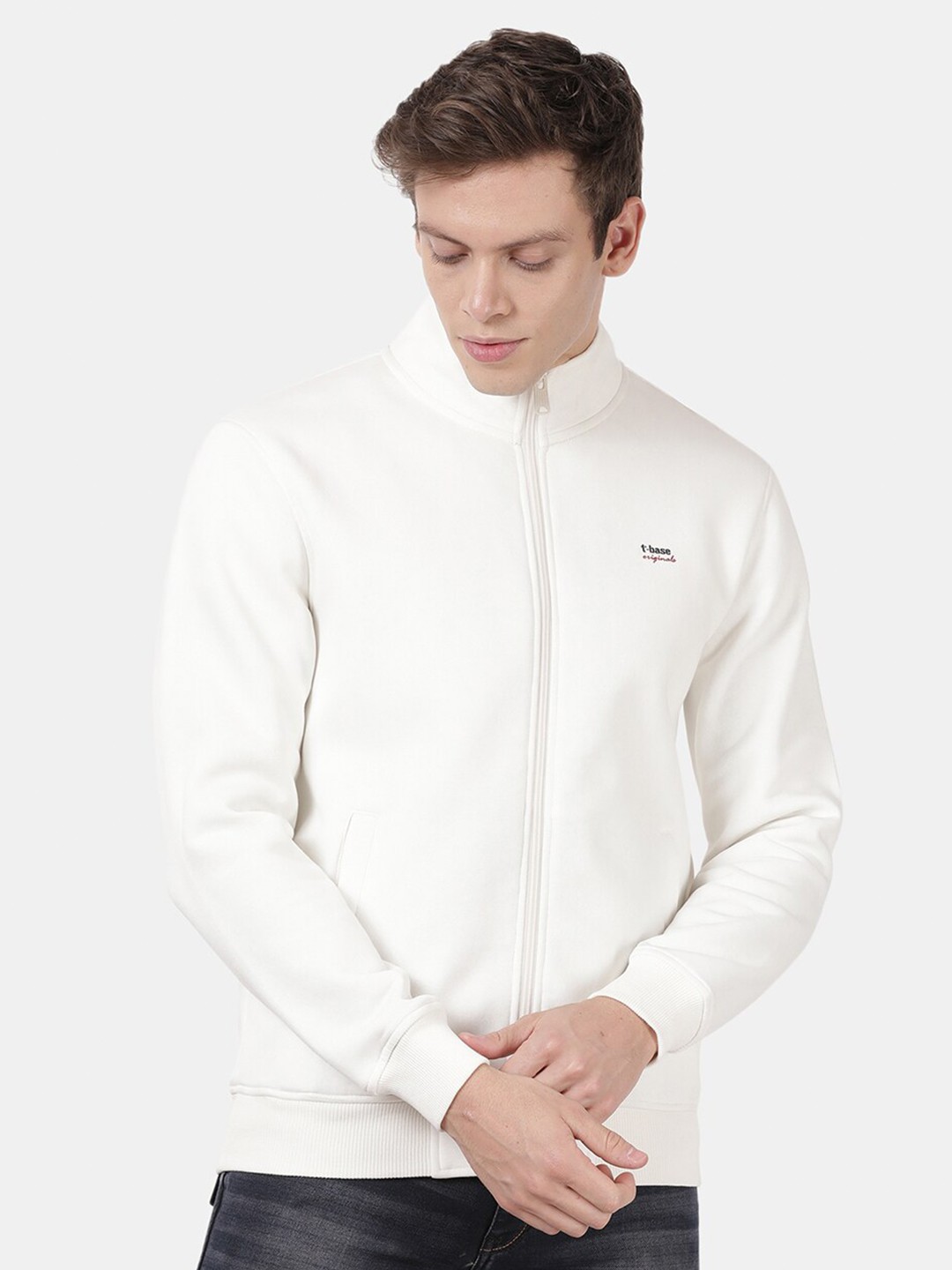 

t-base Men White Solid Open Front Sweatshirt