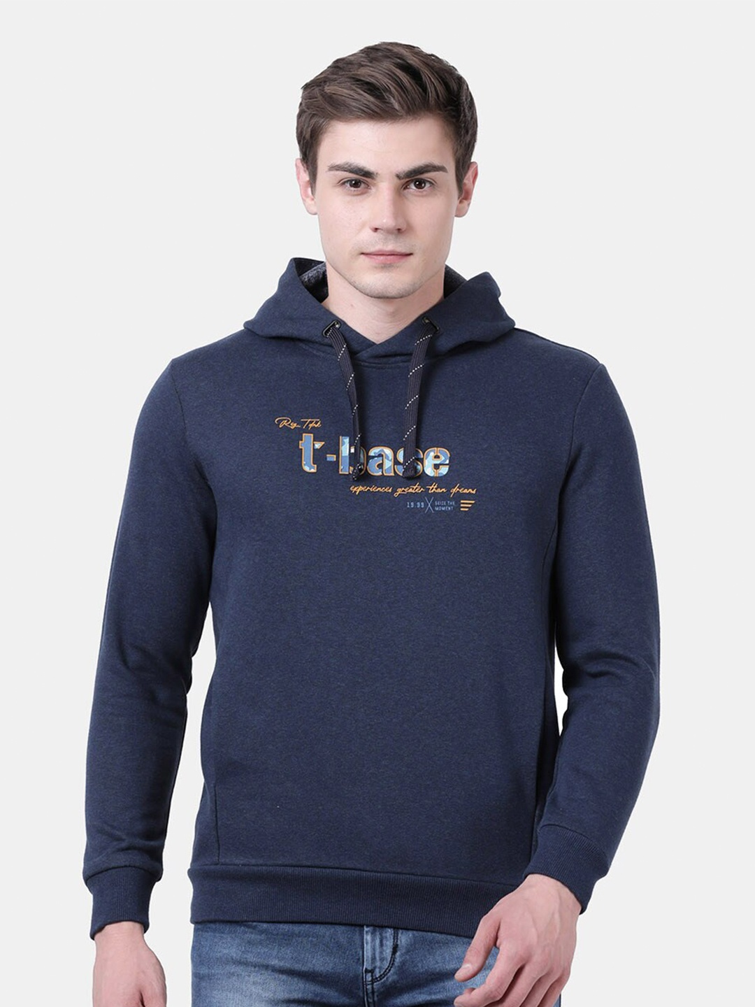 

t-base Men Blue Printed Hooded Sweatshirt