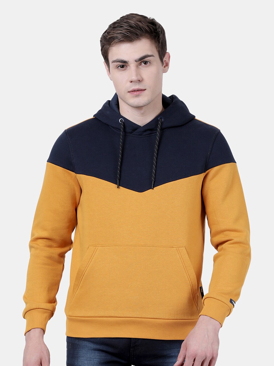 

t-base Men Yellow Fleece Colourblocked Hooded Sweatshirt