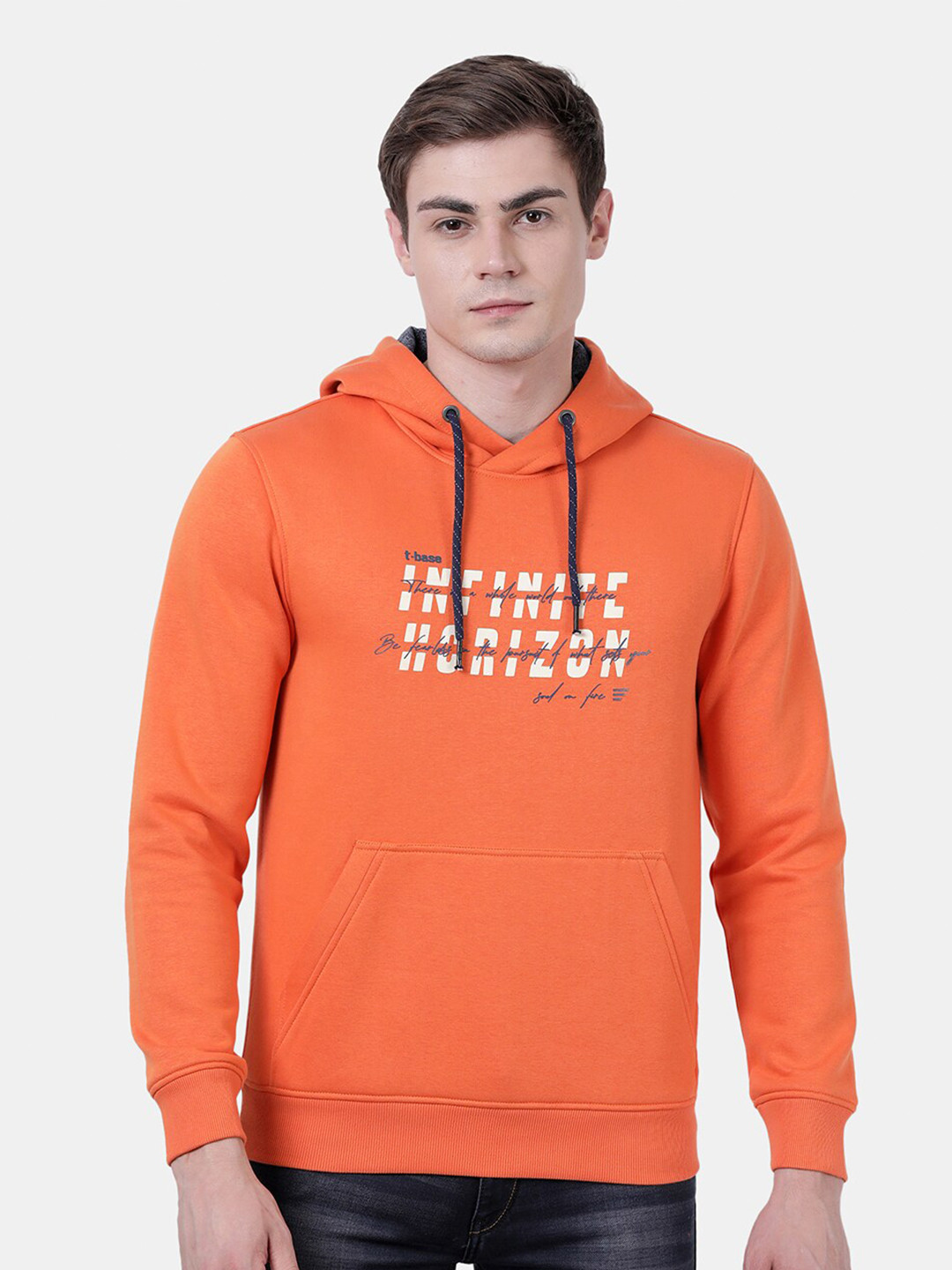 

t-base Men Orange Printed Hooded Sweatshirt