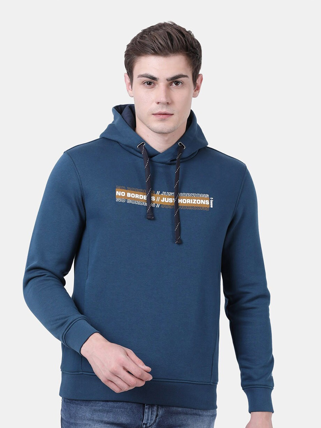 

t-base Men Blue Printed Hooded Sweatshirt