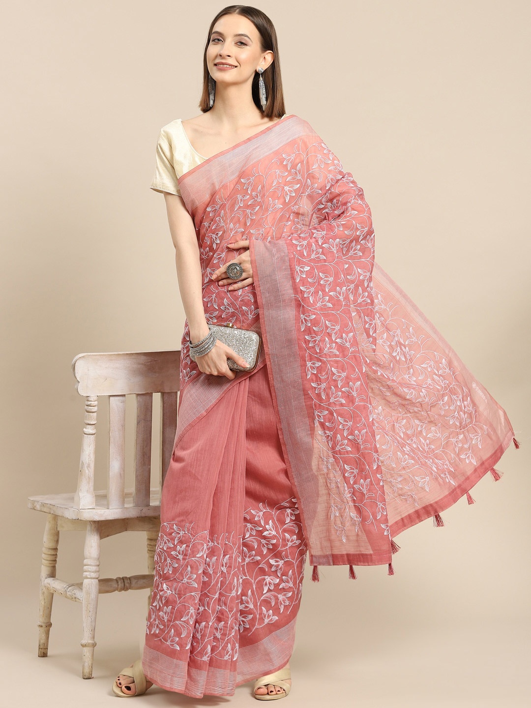 

all about you Pink & White Floral Pure Cotton Saree