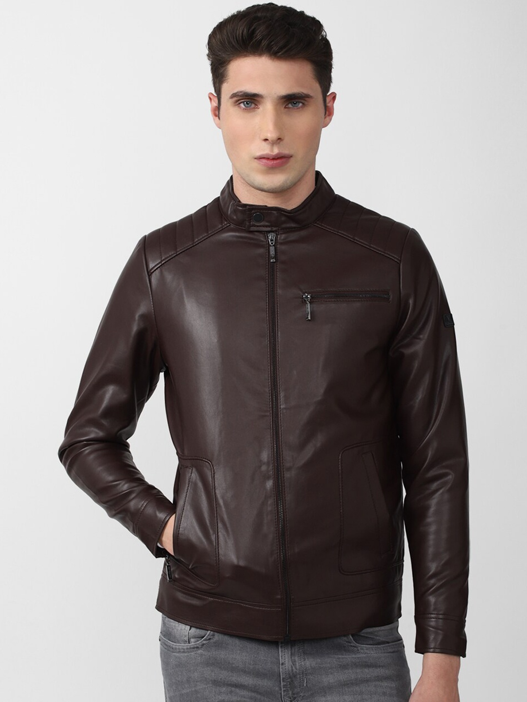 

V Dot Men Brown Stand Collar Biker Jacket