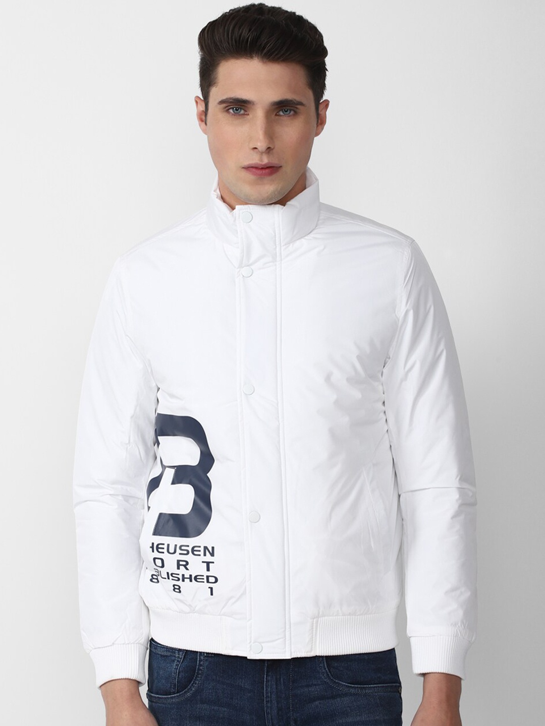 

Van Heusen Sport Men White Navy Blue Typography Sporty Jacket