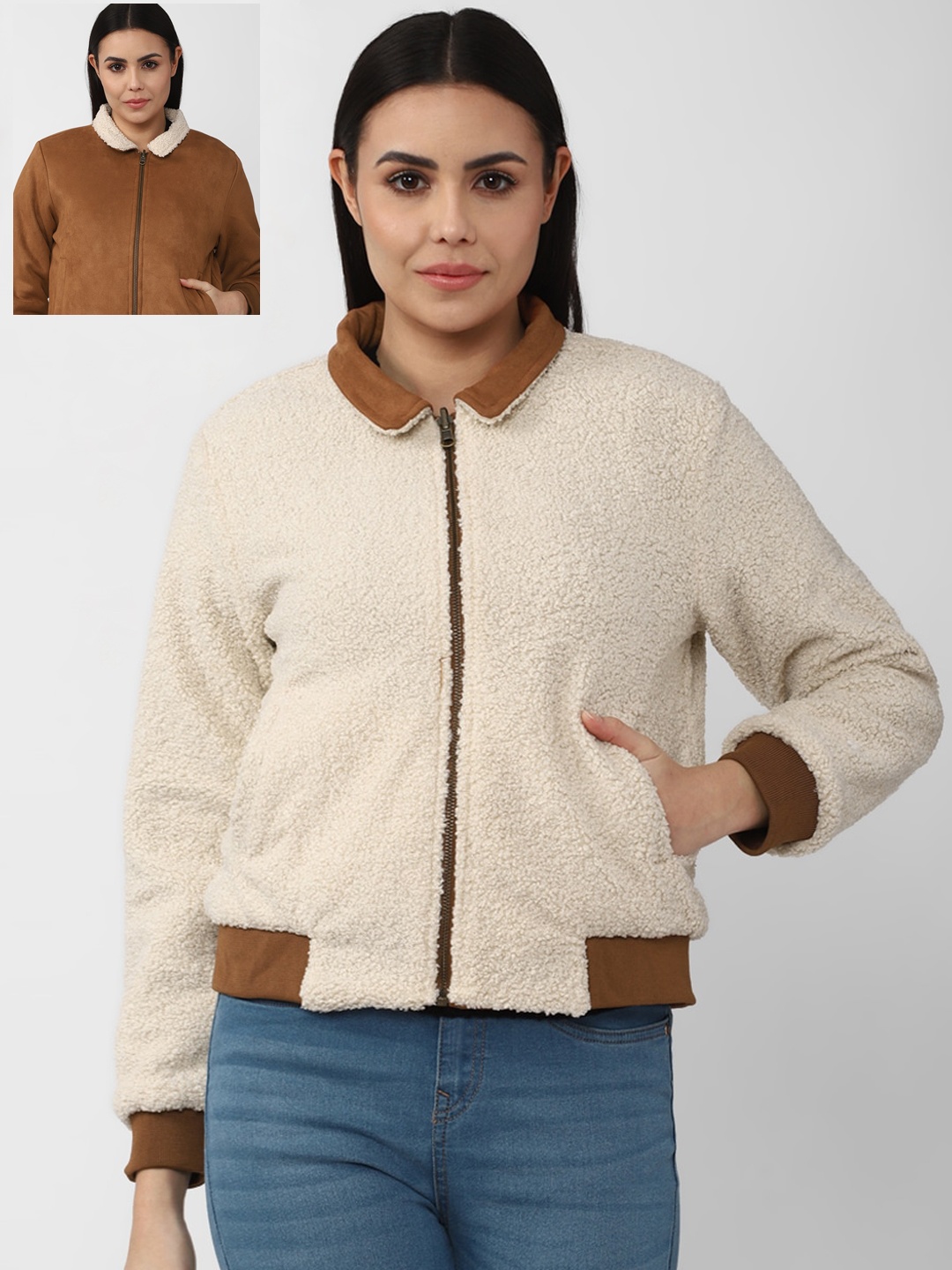 

Van Heusen Woman Women Beige & Brown Solid Cotton Reversible Bomber Jacket