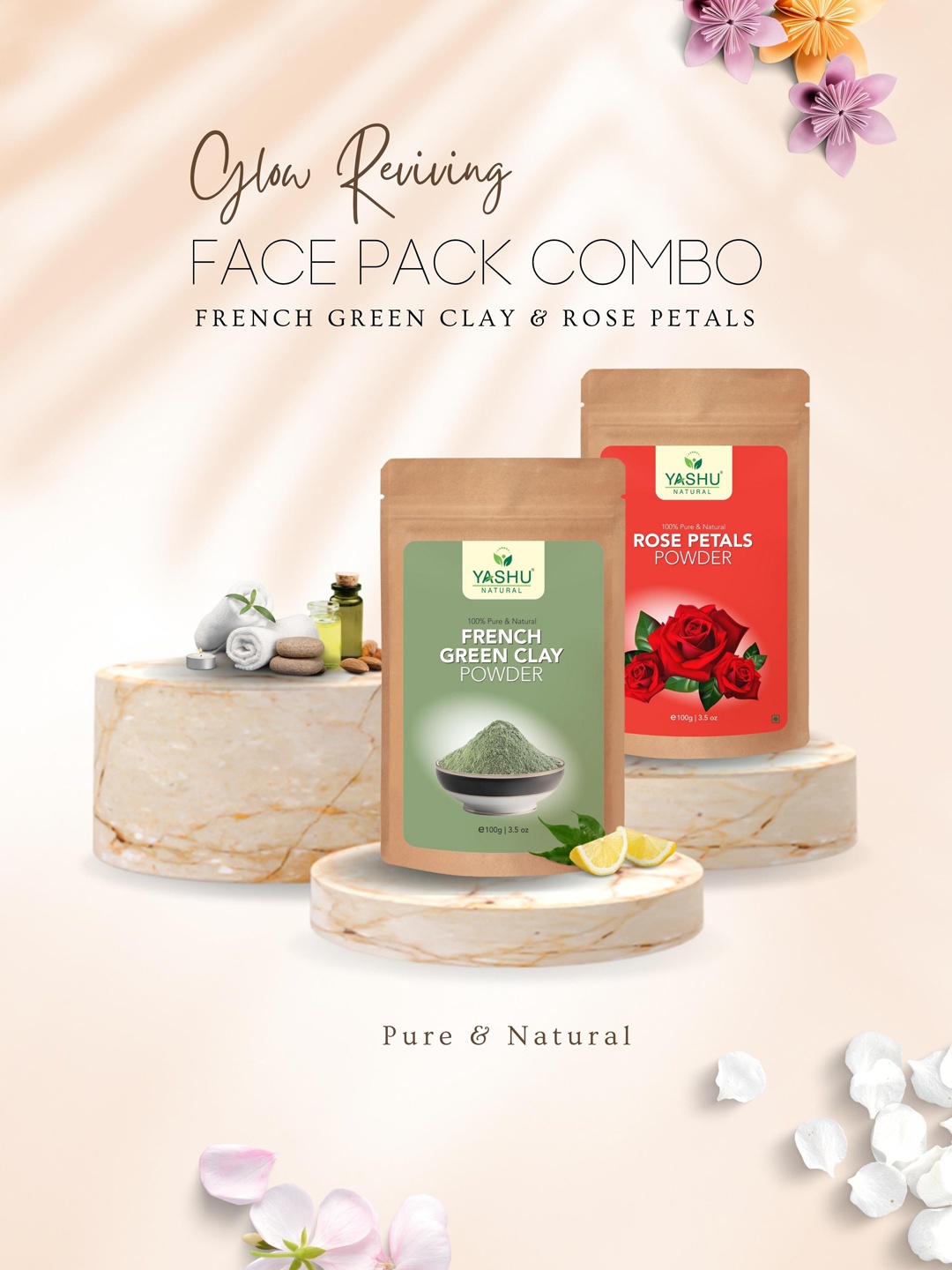 

YASHU Set of 2 French Green Clay & Rose Petals Face Powder Masks 100g Each