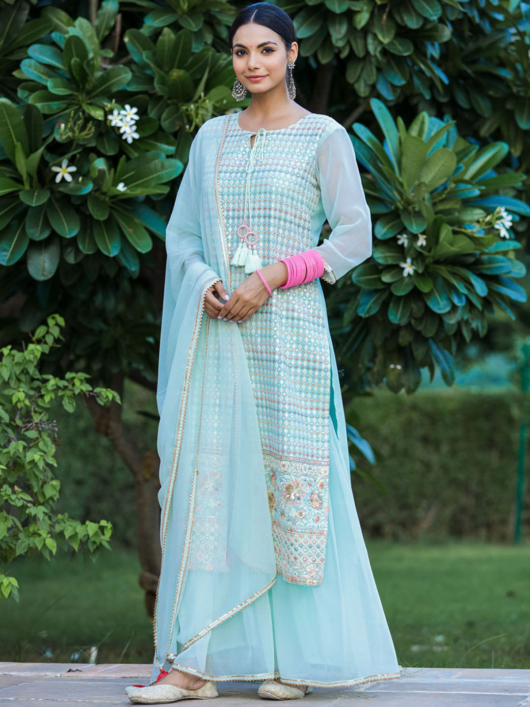 

FASHION DWAR Women Blue Embroidered Straight Kurta with Sharara & With Dupatta