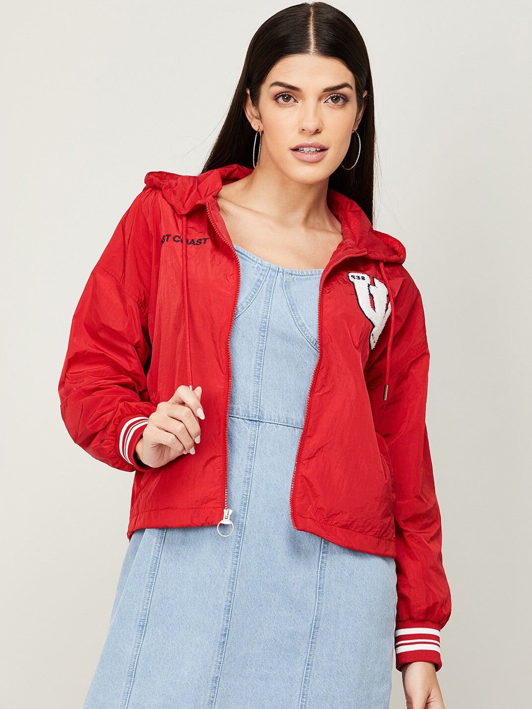 

Ginger by Lifestyle Women Red White Lightweight Bomber with Patchwork Jacket