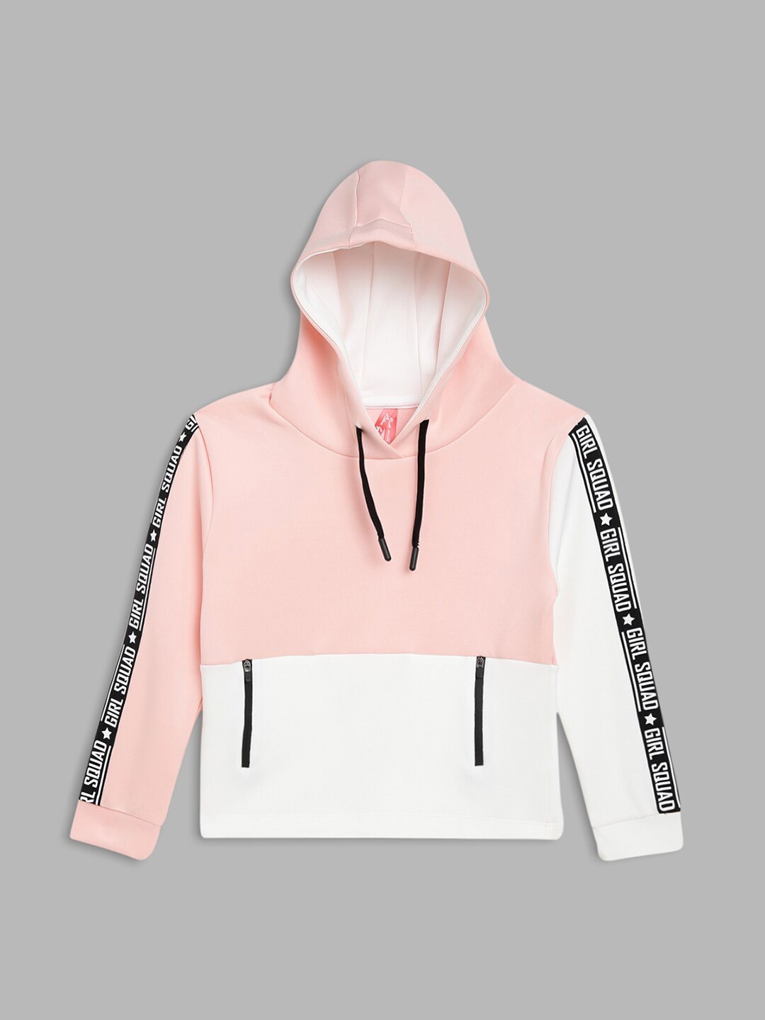 

Blue Giraffe Girls Peach-Coloured & White Colourblocked Hooded Pullover Sweatshirt