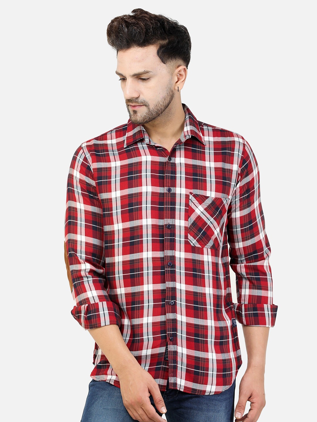 

COLVYNHARRIS JEANS Men Red Tartan Checks Checked Slim Fit Cotton Casual Shirt