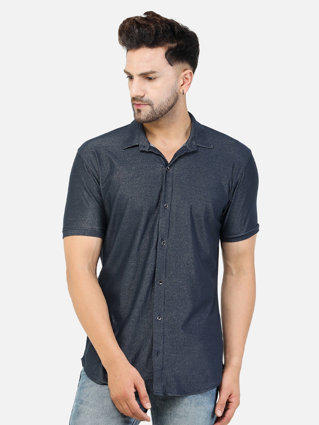 

COLVYNHARRIS JEANS Men Green Solid Slim Fit Denim Hosiery Casual Shirt