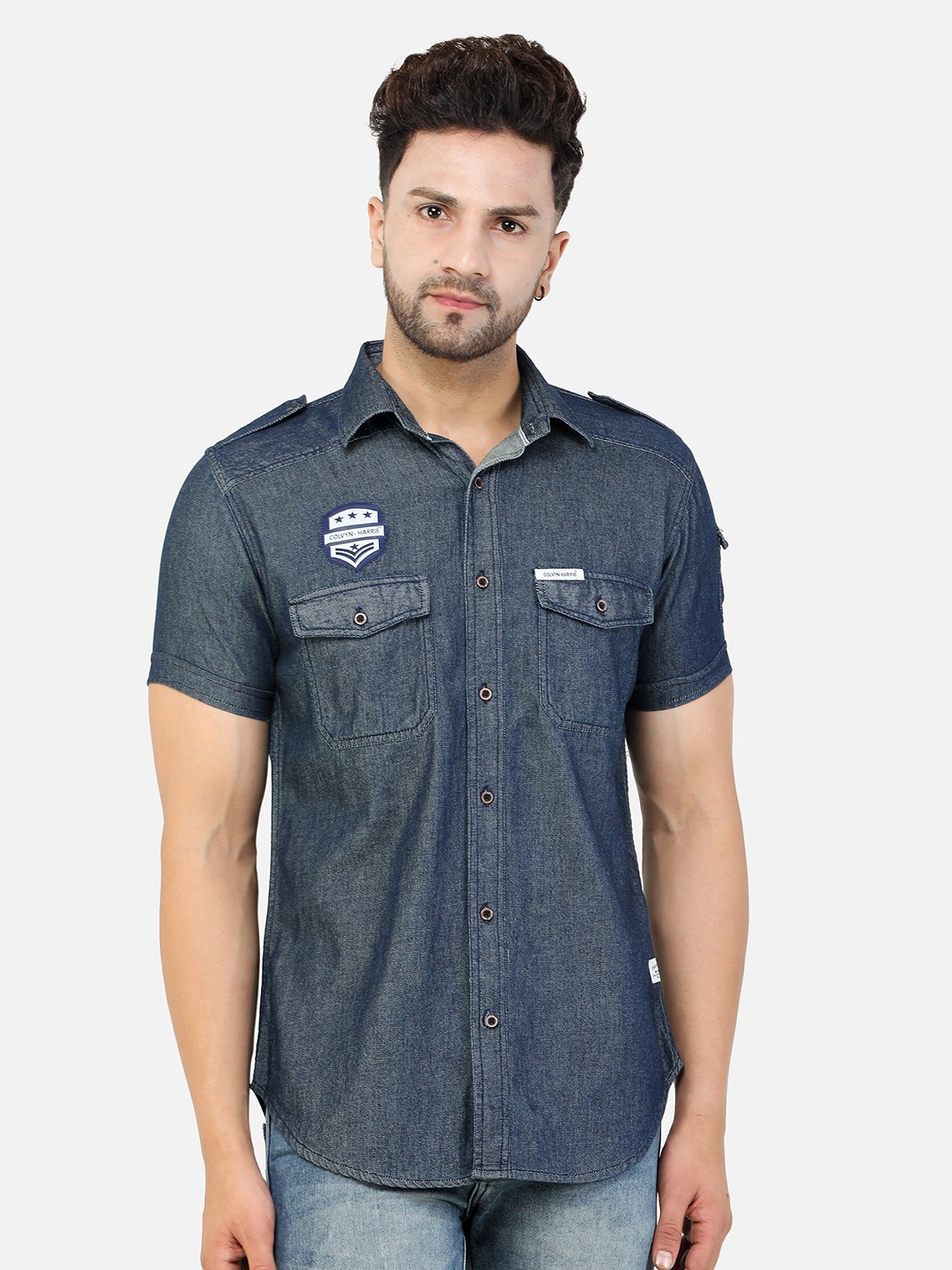 

COLVYNHARRIS JEANS Men Blue Solid Cotton Slim Fit Casual Shirt