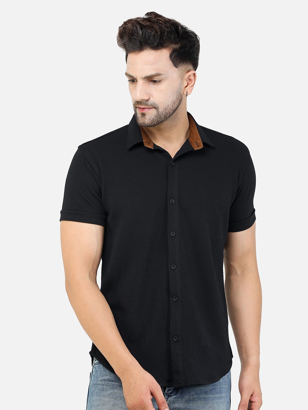 

COLVYNHARRIS JEANS Men Navy Blue Slim Fit Cotton Striped Casual Shirt