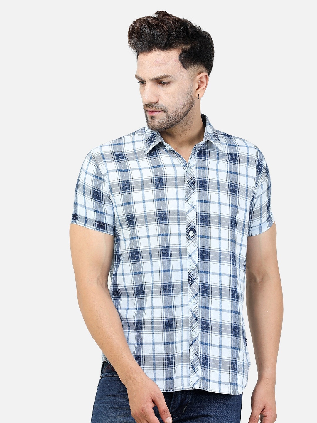 

COLVYNHARRIS JEANS Men White & Blue Slim Fit Tartan Checks Checked Casual Shirt