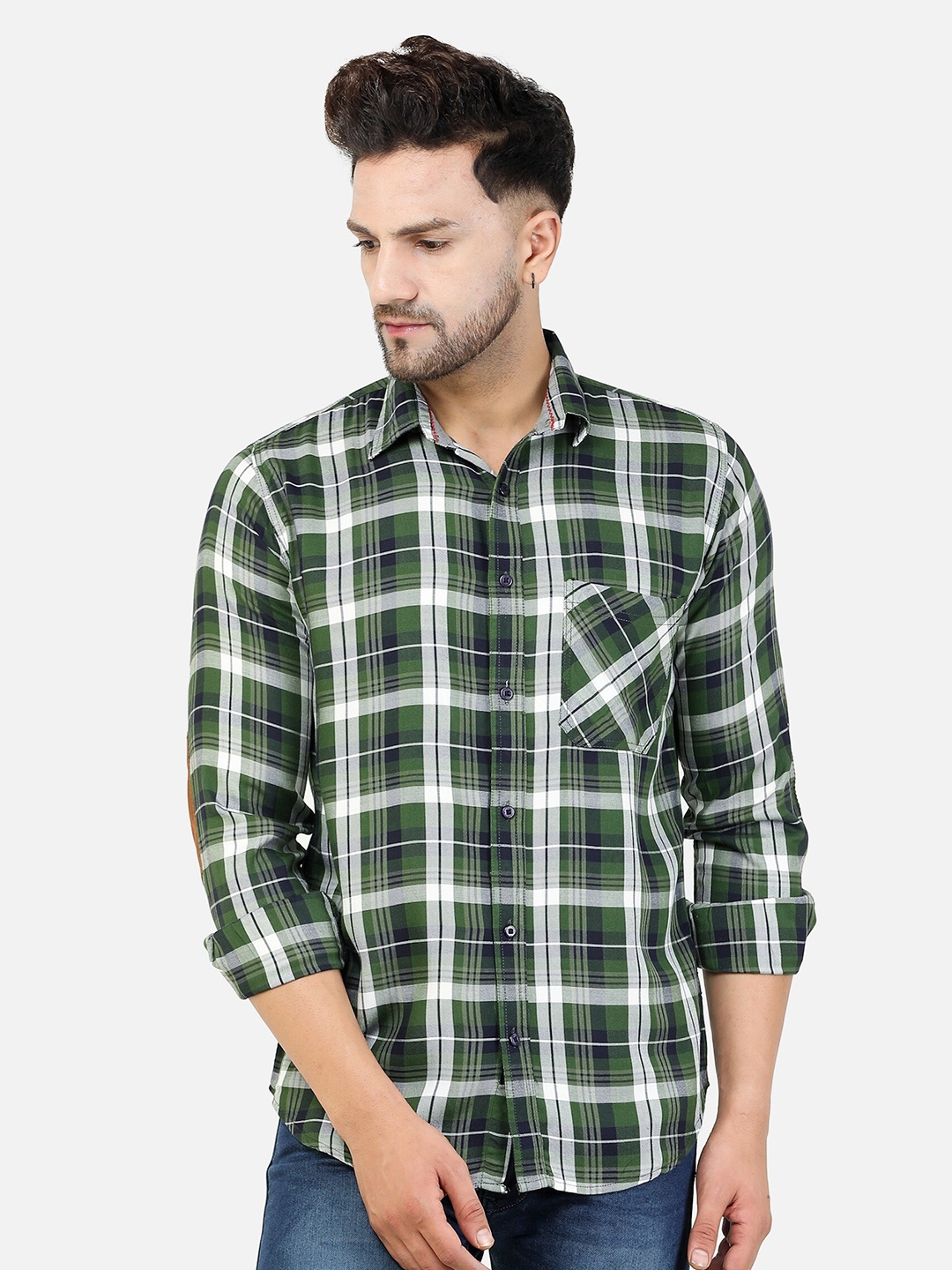 

COLVYNHARRIS JEANS Men Green Slim Fit Tartan Checked Cotton Casual Shirt