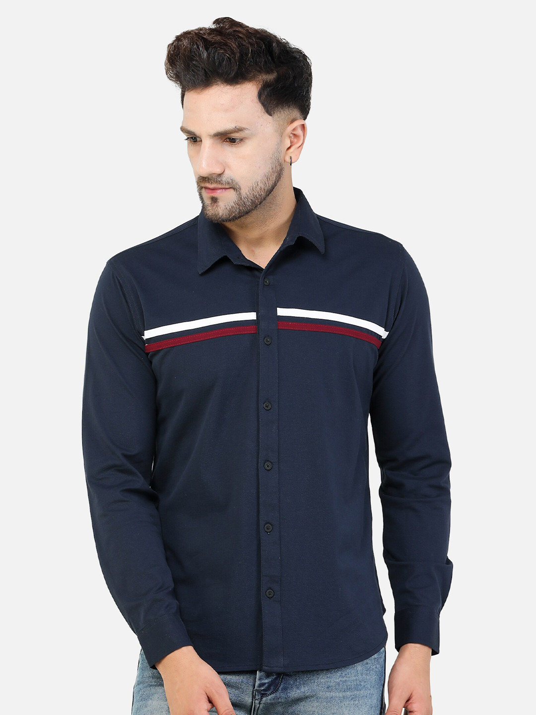 

COLVYNHARRIS JEANS Men Navy Blue Solid Cotton Slim Fit Casual Shirt