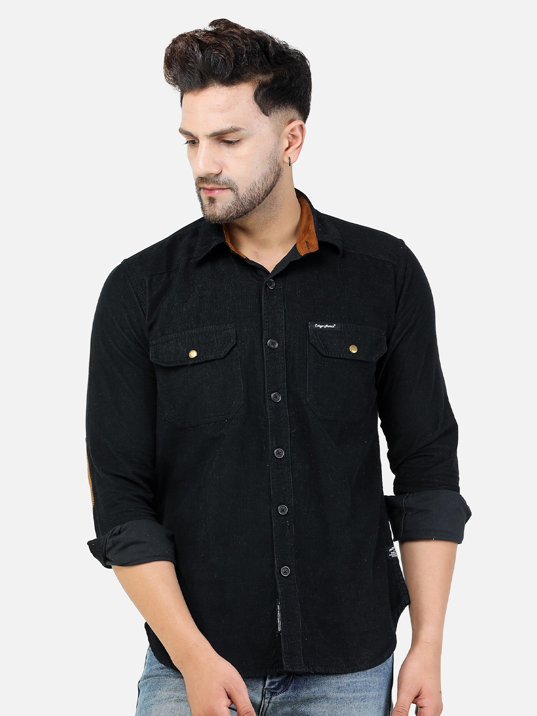 

COLVYNHARRIS JEANS Men Black Solid Slim Fit Curdroy Casual Shirt