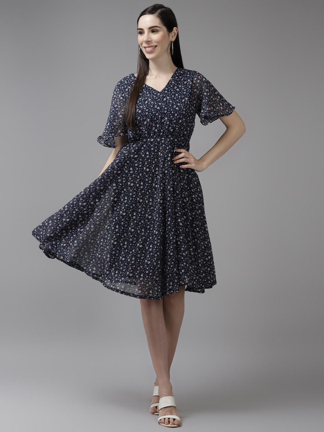 

Aarika Navy Blue Floral Georgette Dress