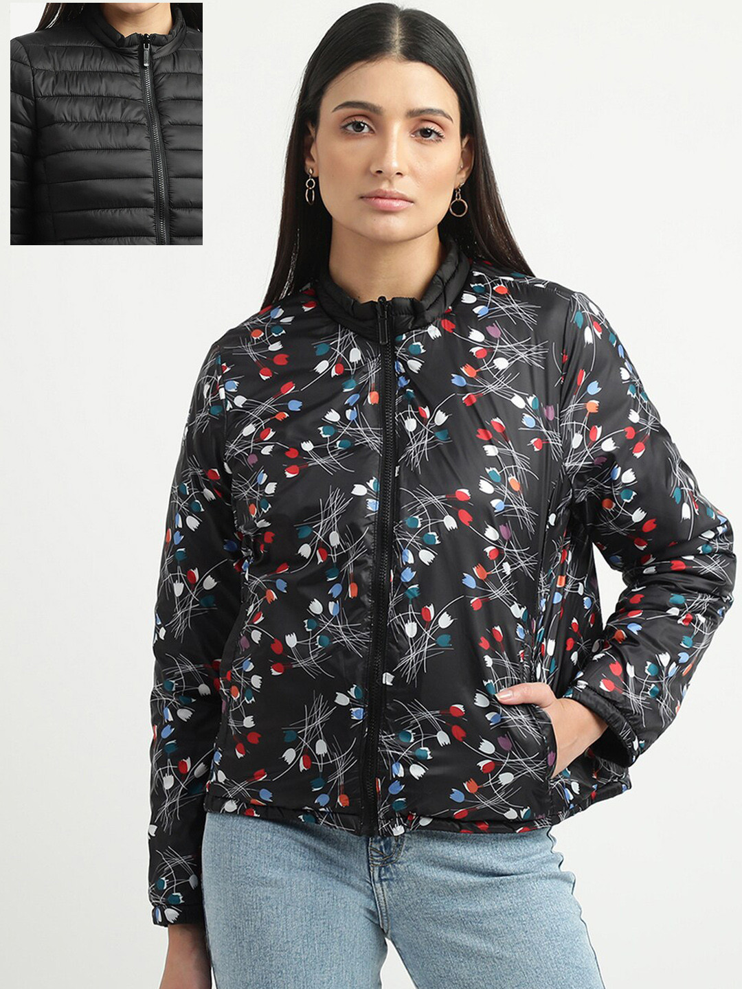 

United Colors of Benetton Women Black Red Floral Printed Quilted Jacket