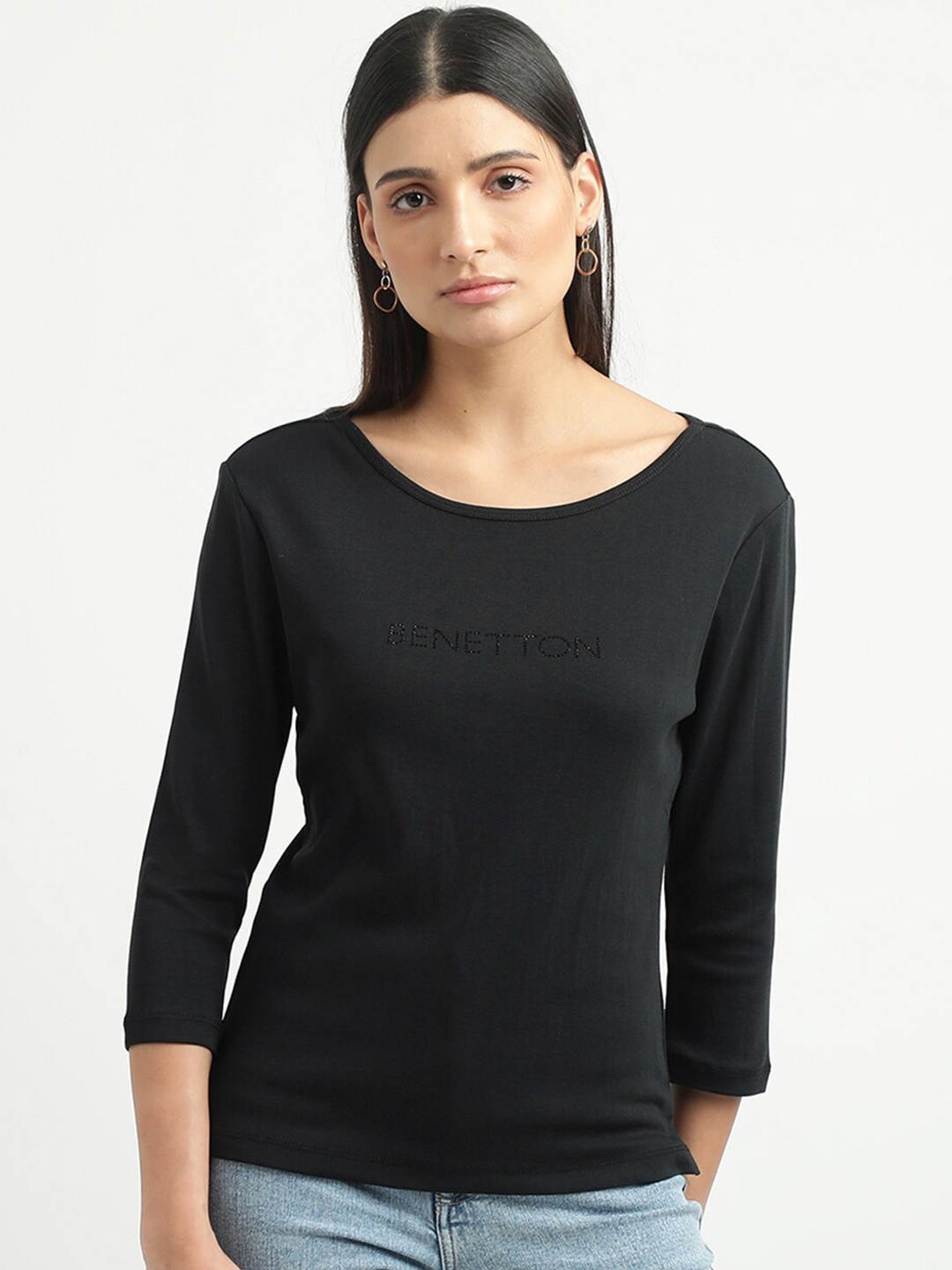 

United Colors of Benetton Women Black Solid Pure Cotton T-shirt