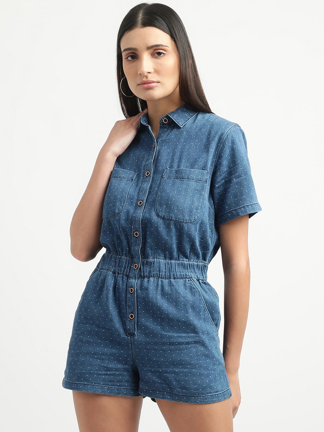 

United Colors of Benetton Women Blue Cotton Basic Jumpsuit