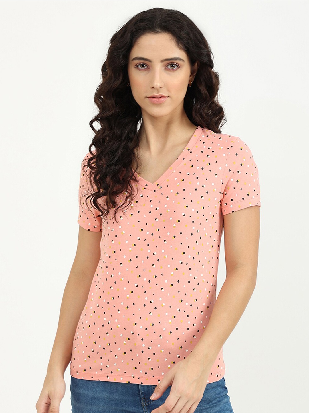 

United Colors of Benetton Women Pink Printed V-Neck Slim Fit Cotton T-shirt