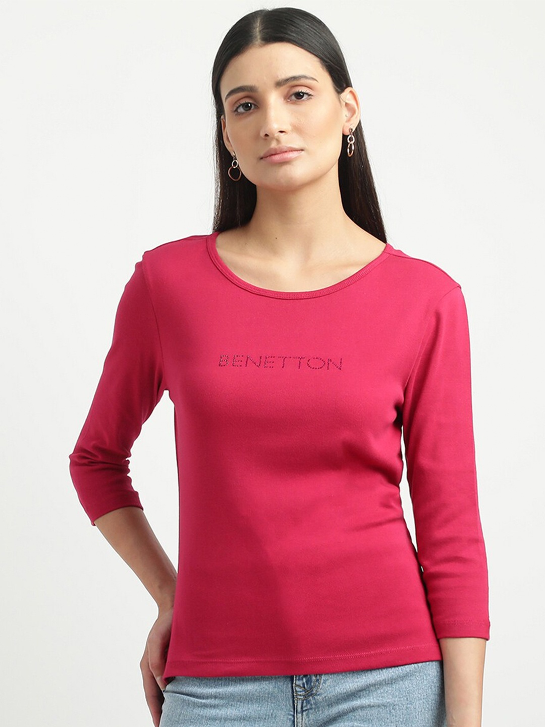 

United Colors of Benetton Women Pink Solid Pure Cotton T-shirt