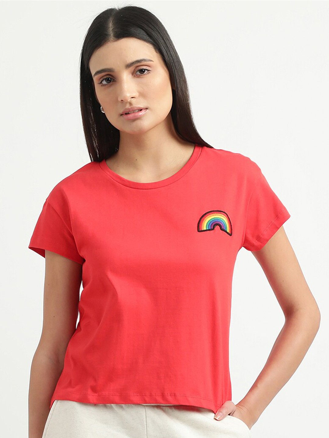 

United Colors of Benetton Women Red Solid Round Neck T-shirt