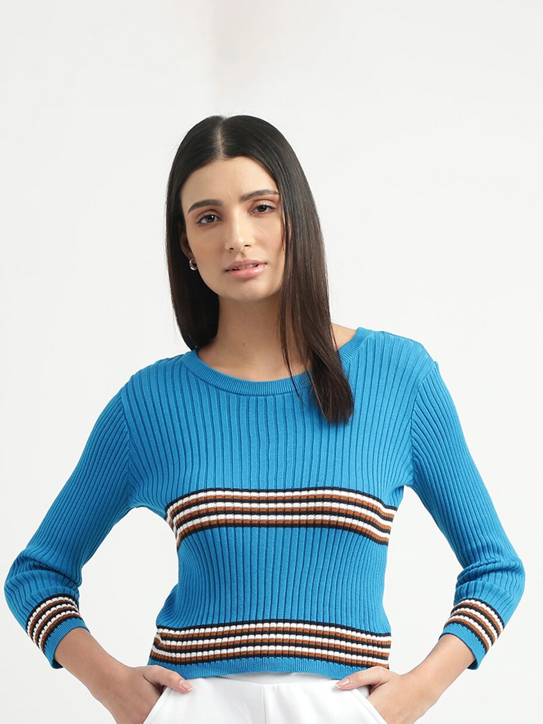 

United Colors of Benetton Women Blue & Brown Striped Striped Pullover