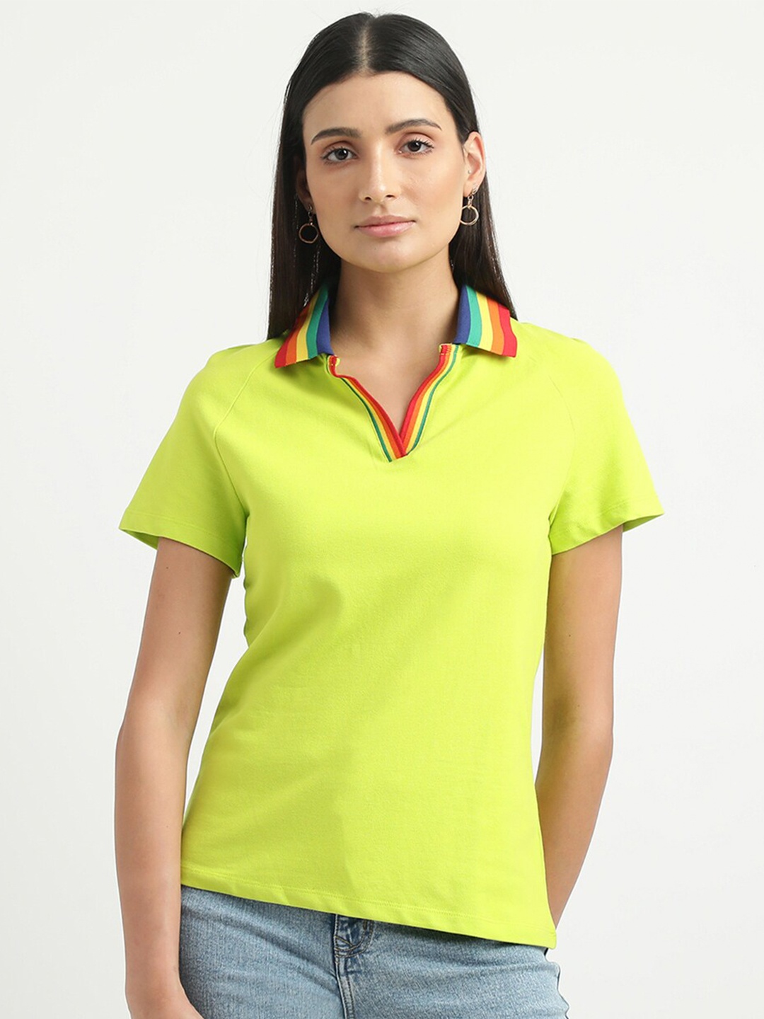 

United Colors of Benetton Women Lime Green Polo Collar T-shirt