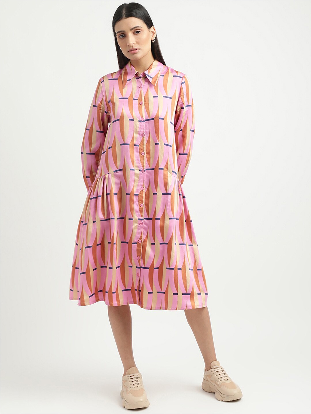 

United Colors of Benetton Women Pink & Orange Shirt Midi Dress