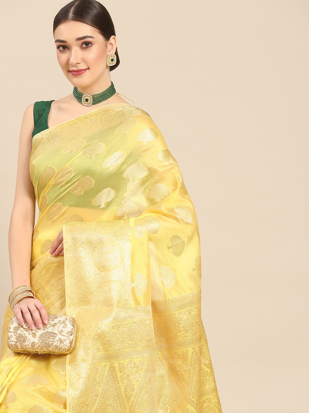 

all about you Yellow & Gold-Toned Woven Design Organza Saree