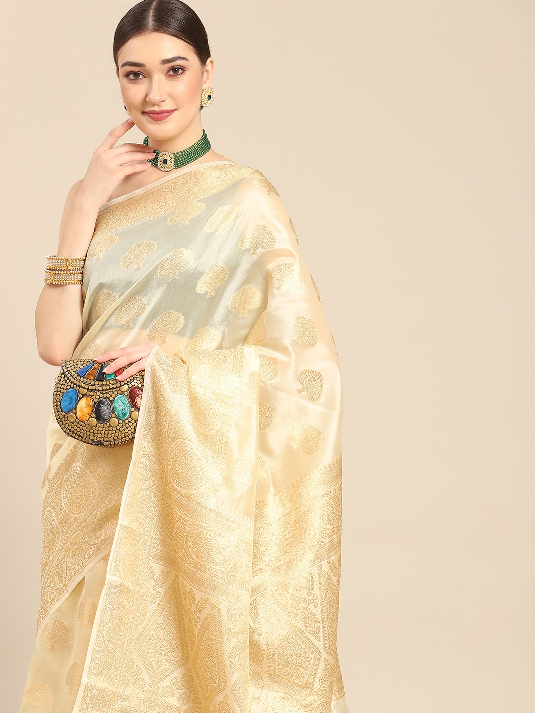 

all about you Cream-Coloured & Gold-Toned Woven Design Organza Saree