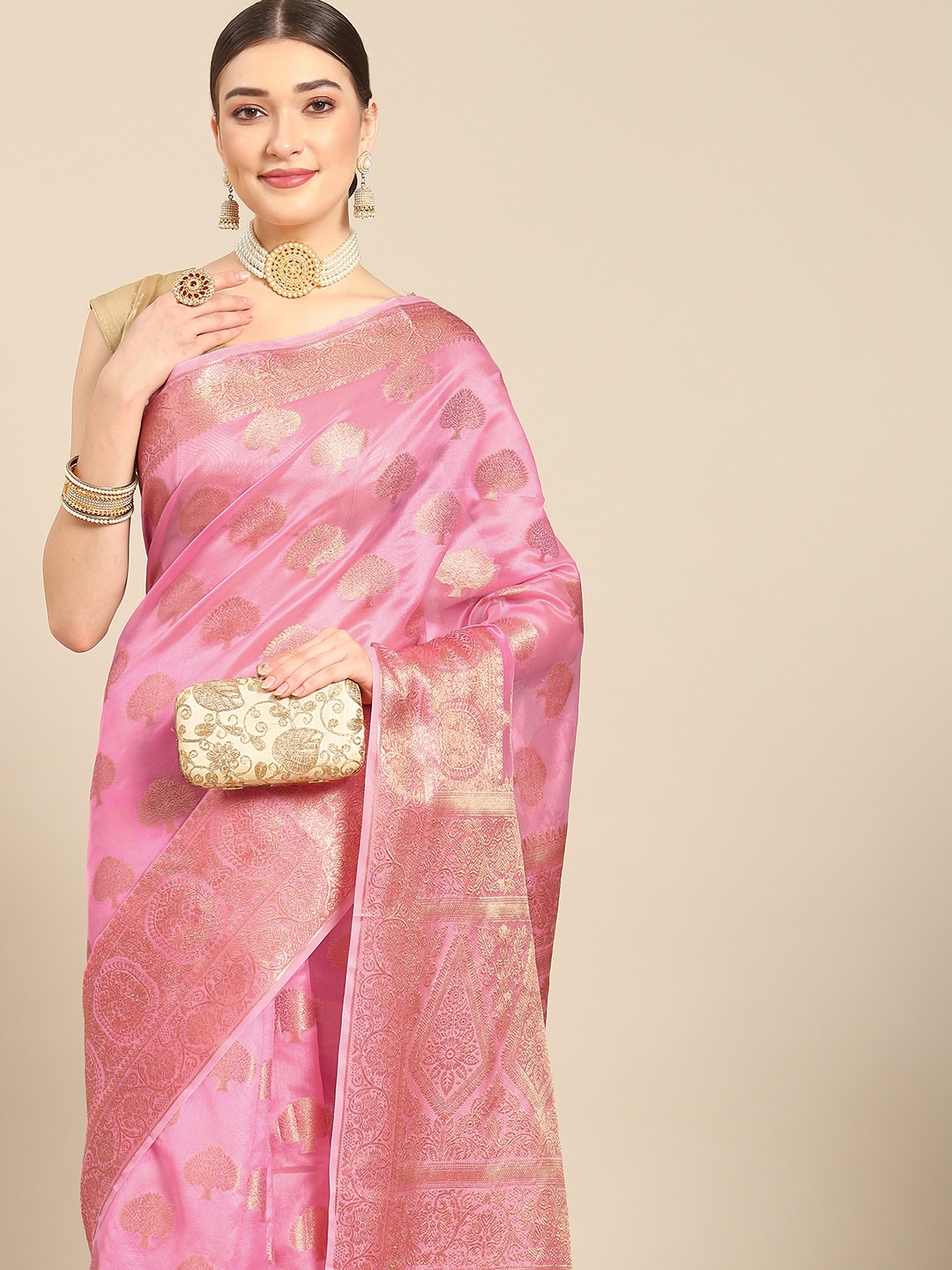 

all about you Pink & Gold-Toned Woven Design Organza Saree