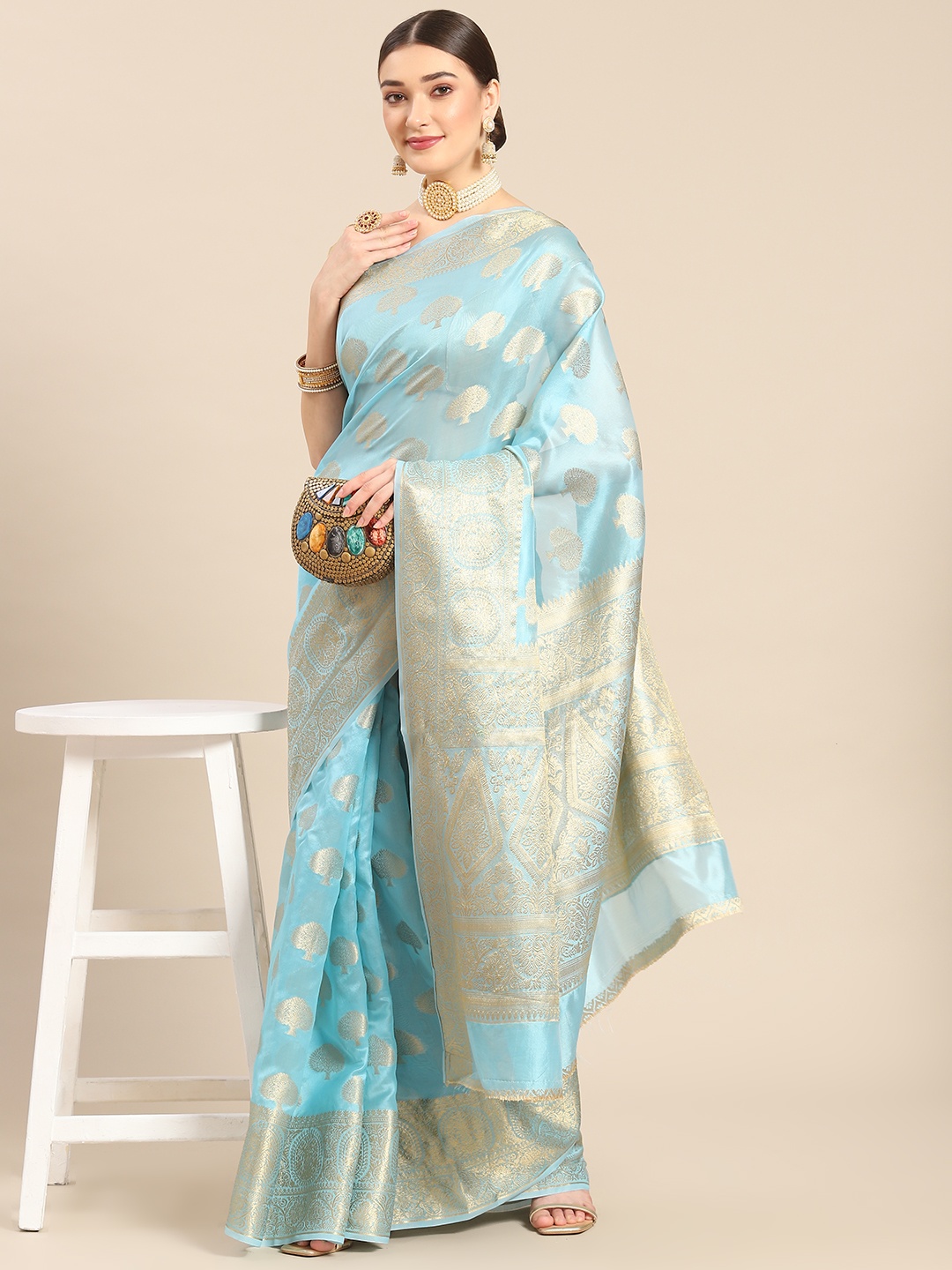 

all about you Blue & Gold-Toned Woven Design Organza Saree