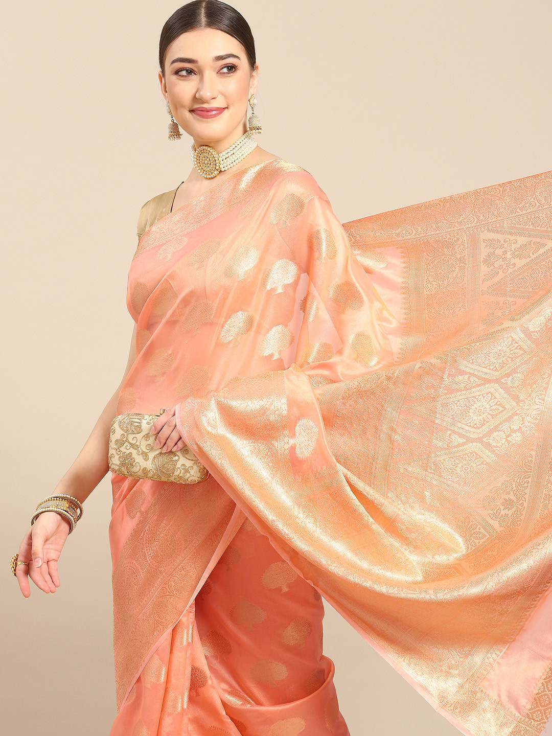 

all about you Peach & Metallic Woven Design Organza Saree