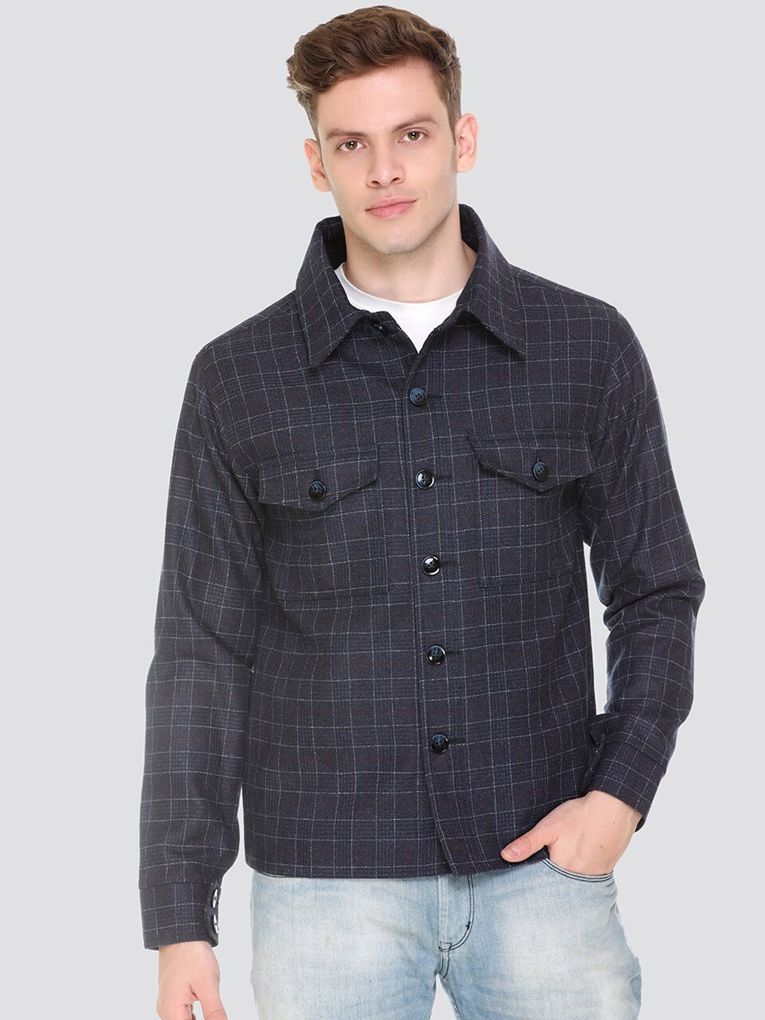 

HONNETE Men Navy Blue Washed Checked Lightweight Outdoor Denim Jacket