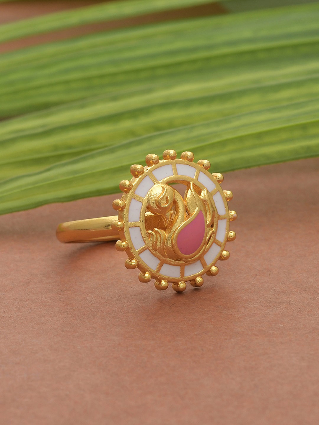 

Voylla Women Gold Plated Pink & White Peacock Motif Adjustable Finger Ring