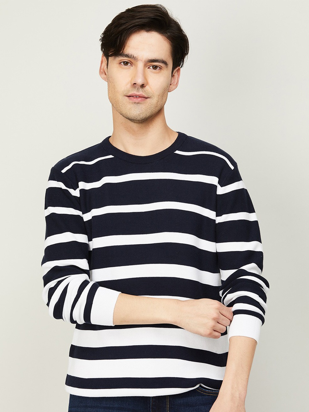 

Bossini Men Blue & White Striped Cotton Pullover Sweatshirt