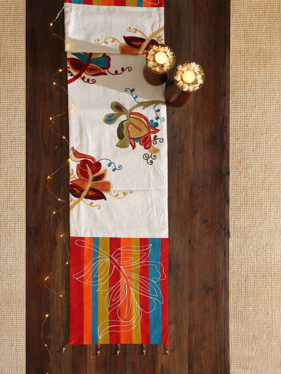 

Amoliconcepts Off White & Red Embroidered Table Runners