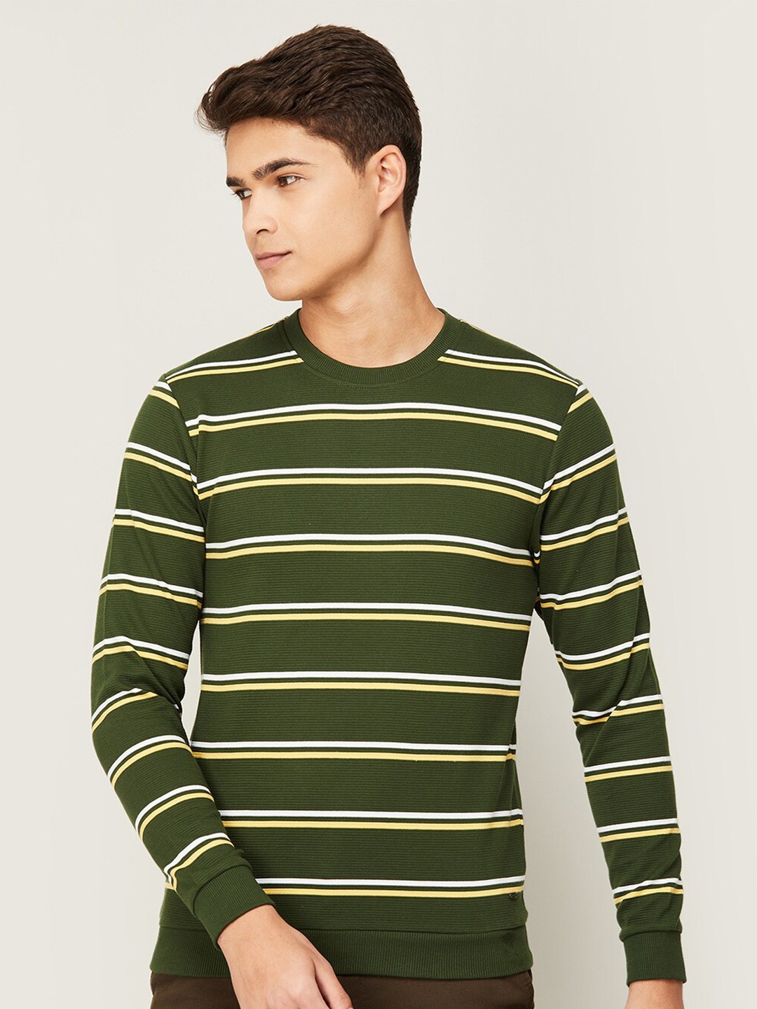 

CODE by Lifestyle Men Green Striped Pure Cotton Sweatshirt