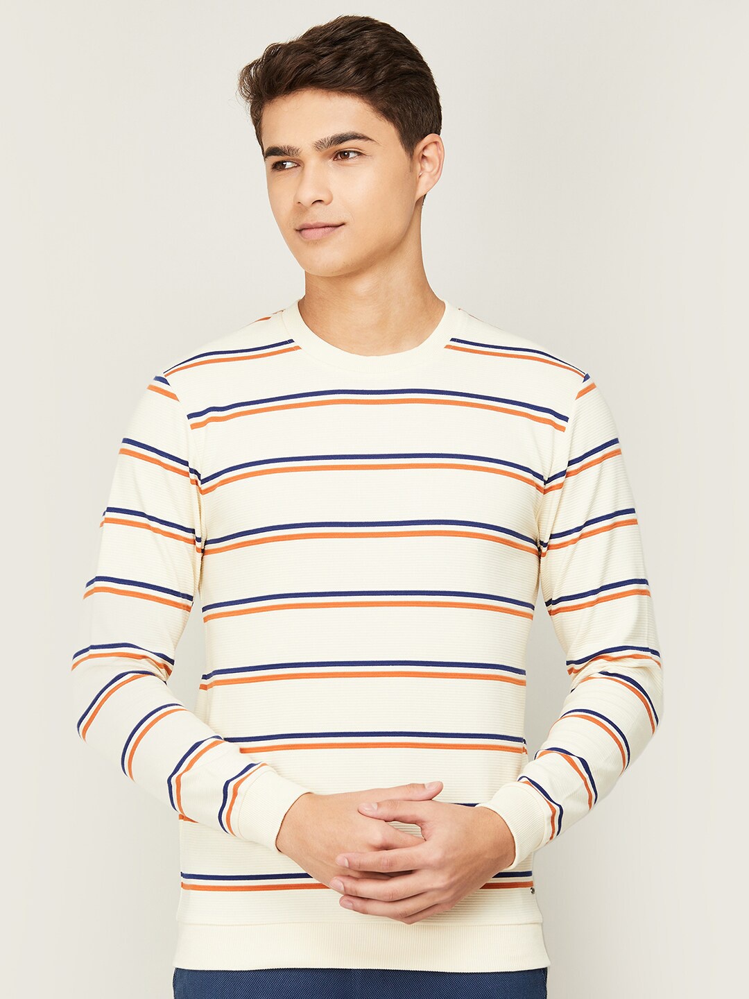 

CODE by Lifestyle Men Off White & Navy Blue Striped Pure Cotton Pullover Sweatshirt