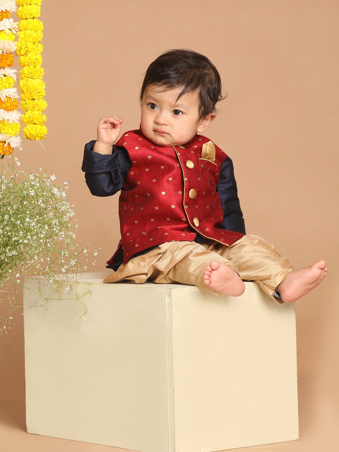 

VASTRAMAY Boys Navy Blue Kurta with Dhoti Pant With Maroon Woven Nehru Jacket