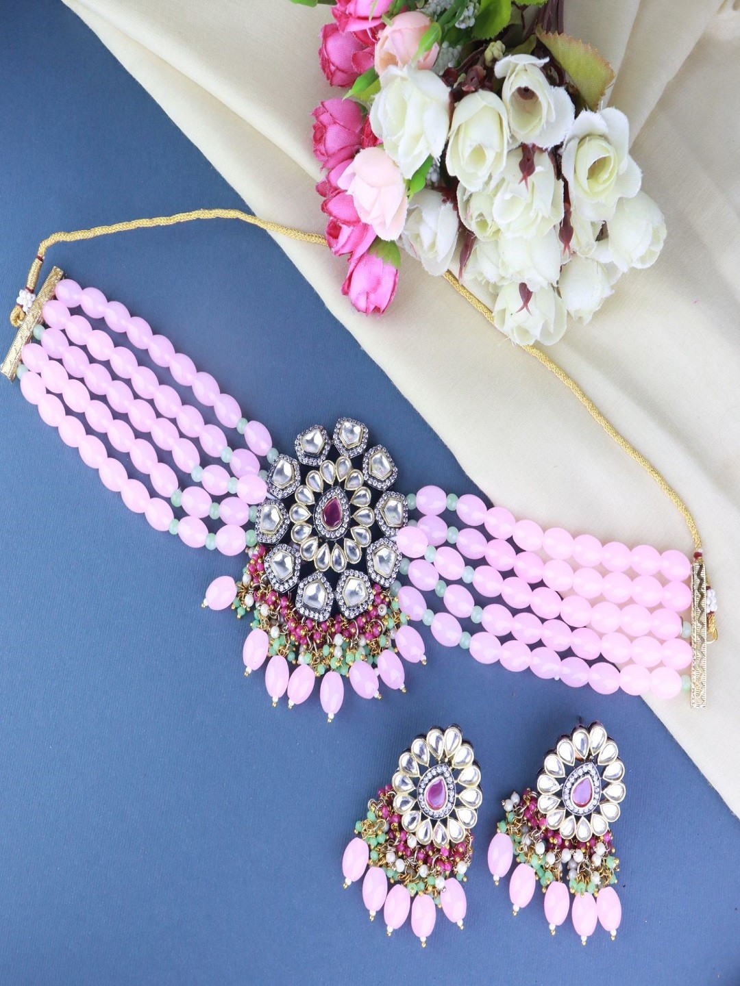 

I Jewels Gold-Plated Pink & White Stone Studded & Beaded Jewellery Set
